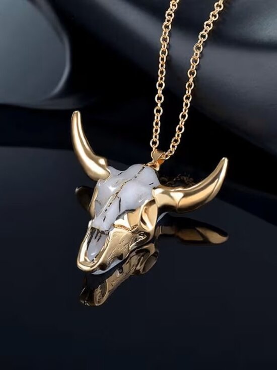 Western Bull Skull Necklace Longhorn Cow Pendant Boho Ranch Jewelry Gift - Picture 2 of 5